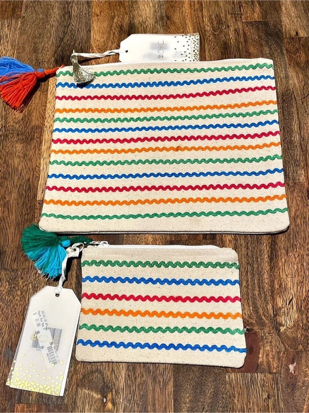 2Chic Set of 2 Striped Pouches in Cream & Multicolor NWT
